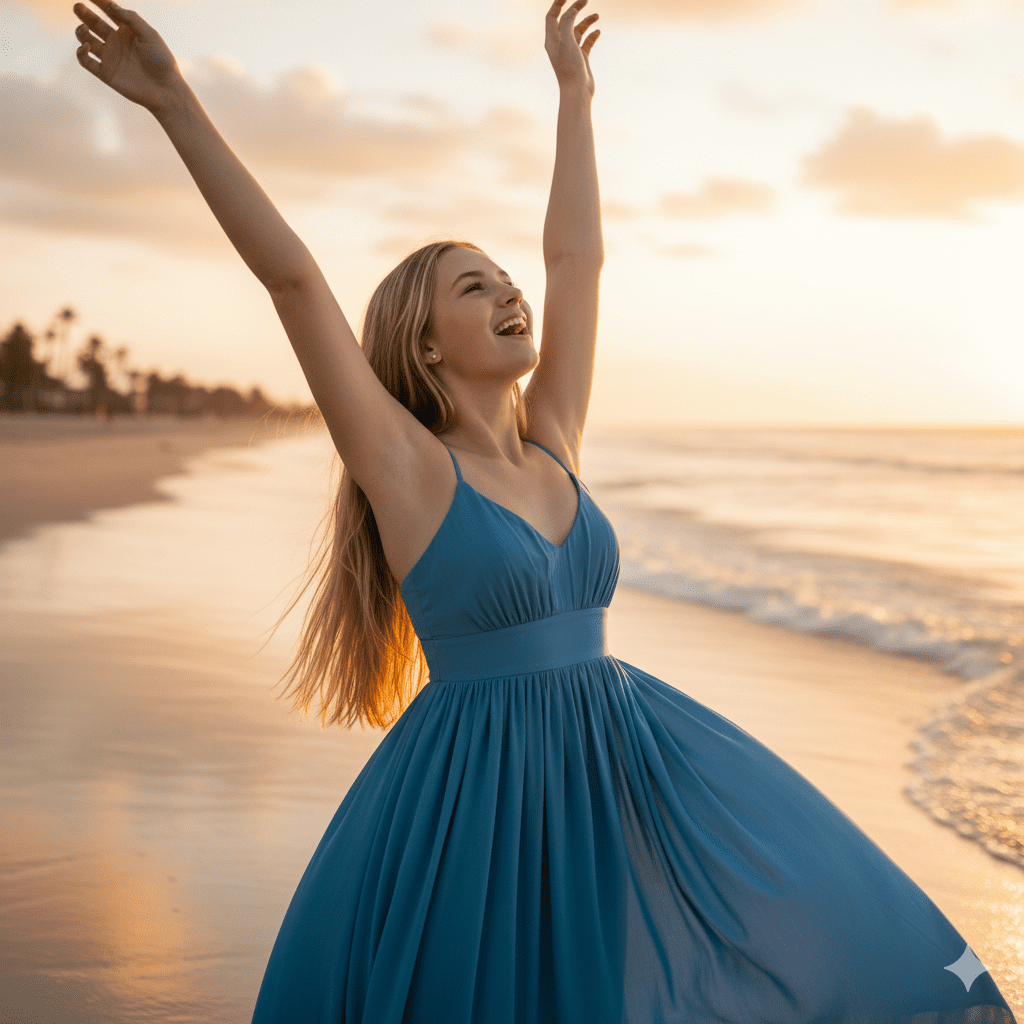 US teen girl wearing blue dress in a beach opening armpit