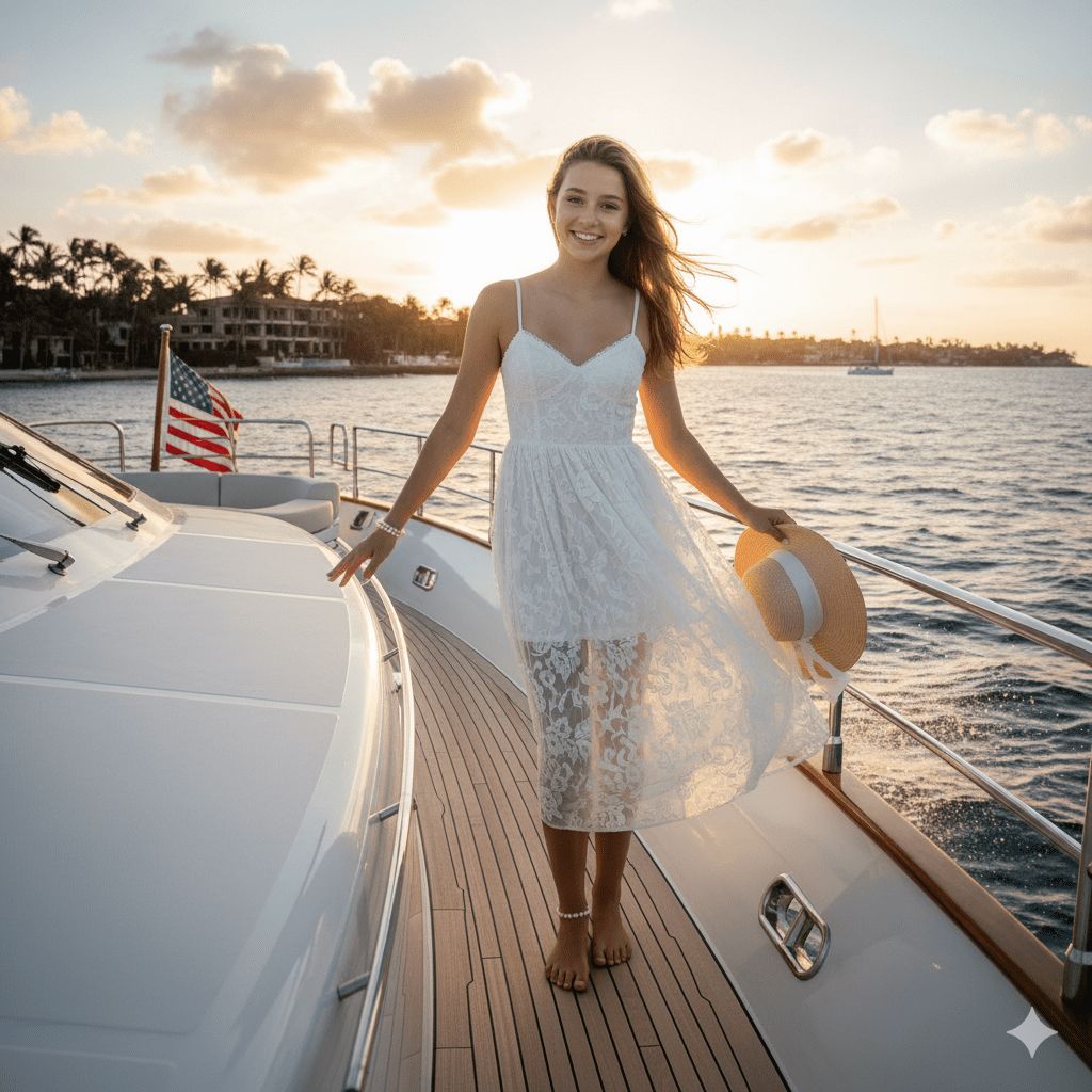 US teen girl wearing red white dress on a yacht