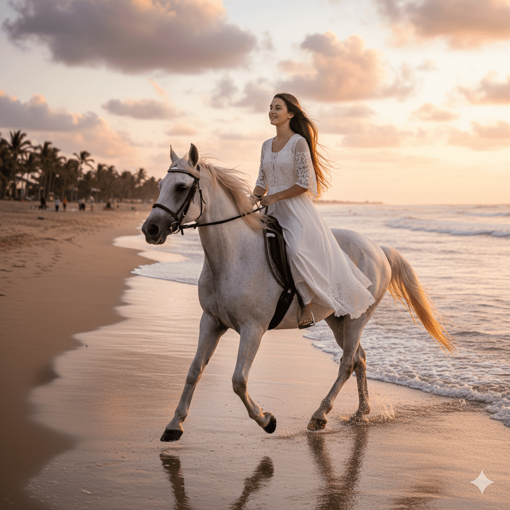 US teen girl wearing red white dress riding horse